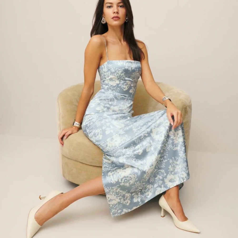 Reformation Light Blue and White Floral Satin Maxi Dress